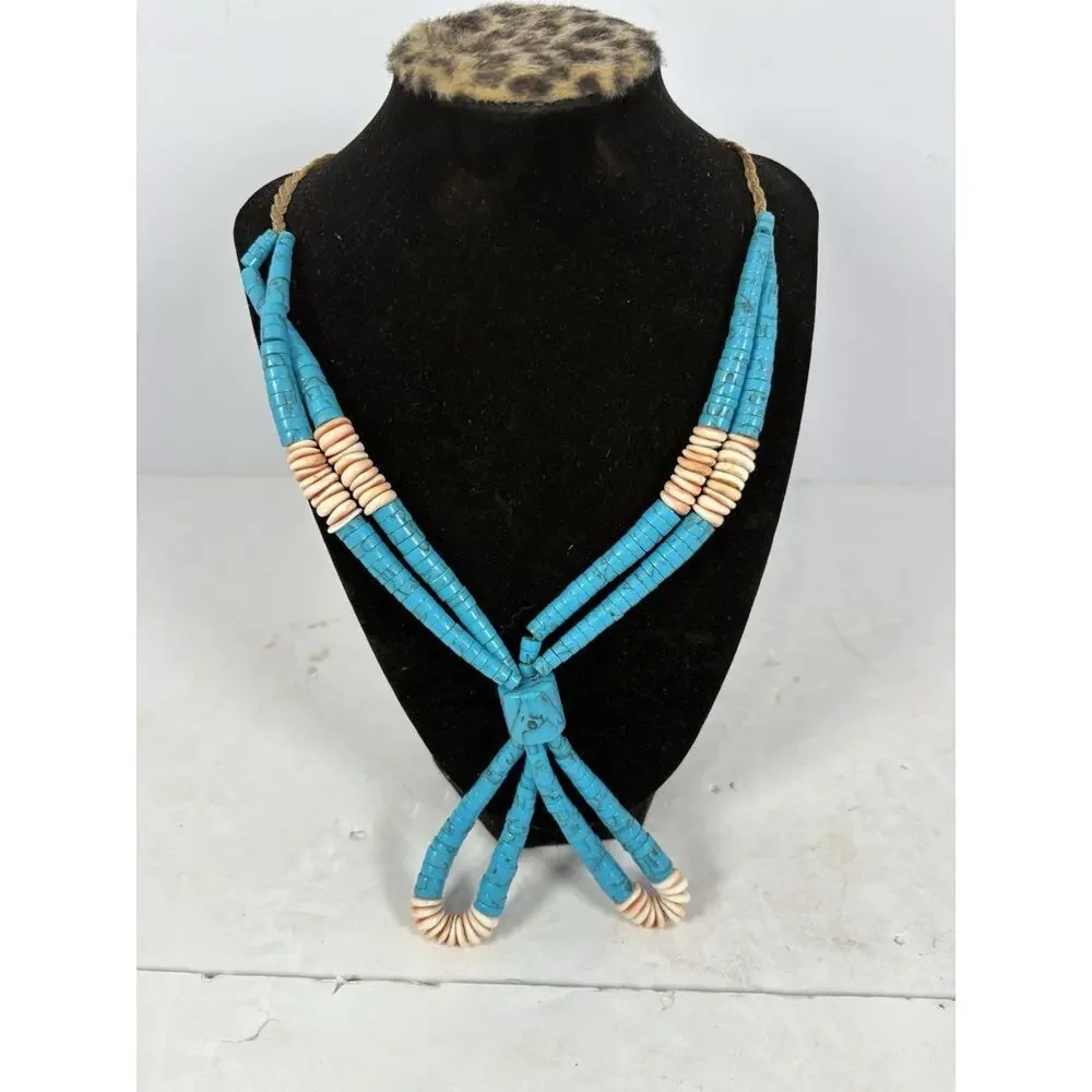 Vintage Southwestern Turquoise Color Heishi Shell Bead Bolo Necklace Adjustable